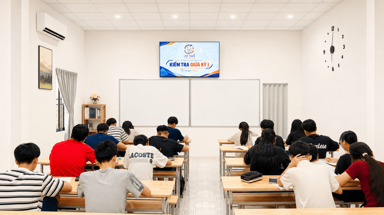 Phòng học Lớp Toán Thầy Trung: học sinh làm bài kiểm tra giữa kỳ, phòng có máy lạnh và màn hình lớn